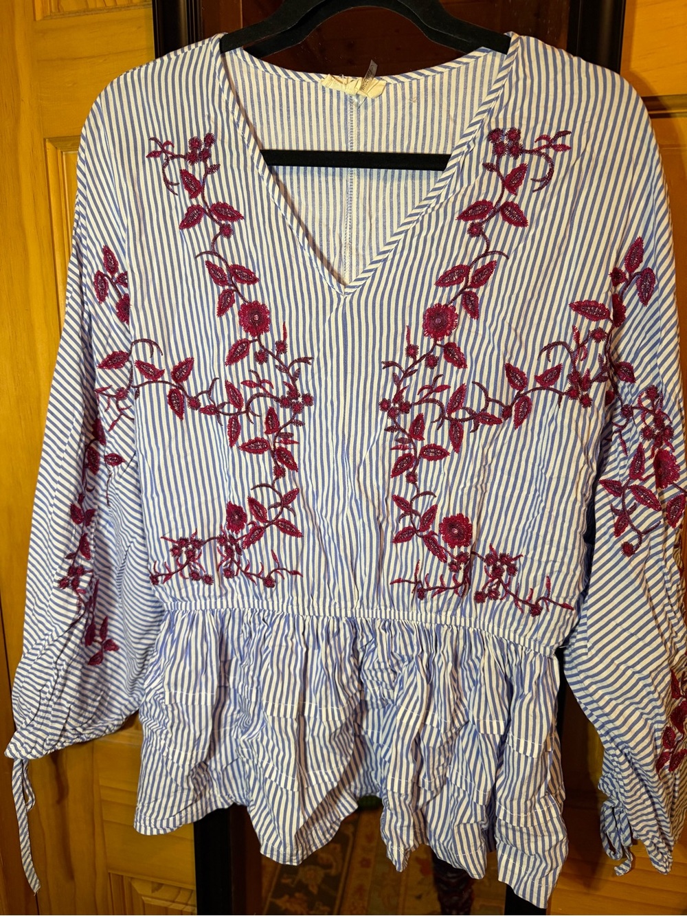 entro Blue & White Striped V-Neck Peplum Blouse with Burgundy Floral Embroidery